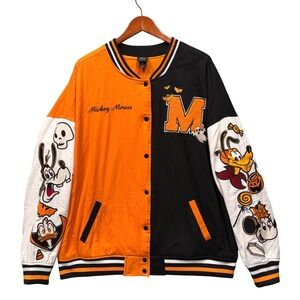 Disney Her Universe Halloween Varsity Jacket Mickey Skeleton Orange Black Size 2